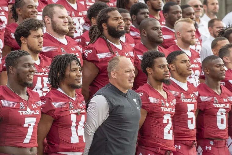OWLSFB03-d.Members of the Temple University Football Team pose with Head Coach Geoff Collins, for a team photo on the steps of the Philadelphia Museum of Art on Thursday August 2, 2018. From left are Ryquell Armstead, 7, Brodrick Yancy, 14, Collins, Delvon Randall, 2, Shaun Bradley, 5, and Rock Ya-Sin , 6. (Jonathan Wilson / For the Inquirer)