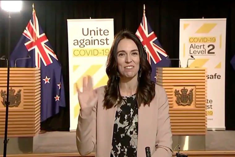 In this image made from video, New Zealand Prime Minister Jacinda Ardern waves to continue to speak when shaking stopped after an earthquake during a live television interview in Wellington, New Zealand, Monday morning, May 25, 2020. The quake struck in the ocean about 100 kilometers (62 miles) northeast of Wellington, according to the U.S. Geological Survey. New Zealand sits on the Pacific Ring of Fire and is sometimes called the Shaky Isles for its frequent quakes. (Newshub via AP)