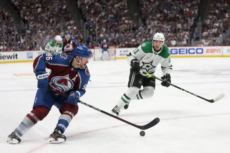 Mikko Rantanen #96 of the Colorado Avalanche advances the puck against the Dallas Stars in the second period during Game Four of the Second Round of the 2024 Stanley Cup Playoffs at Ball Arena on May 13, 2024 in Denver, Colorado. (Photo by Matthew Stockman/Getty Images)