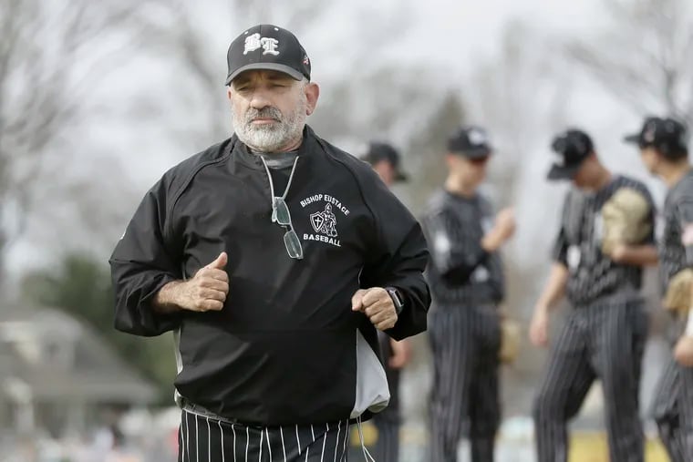 Bishop Eustace head baseball coach Sam Tropiano won his 672nd career game on Monday to tie former Delran coach Rich Bender for the most wins all-time in South Jersey.
