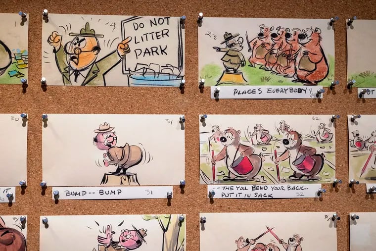 Part of a storyboard for a Disney animated cartoon at the Franklin Institute. The exhibit explains that Disney invented storyboarding in the 1930s and it “remains the foundation of every Walt Disney Animation Studios film.”