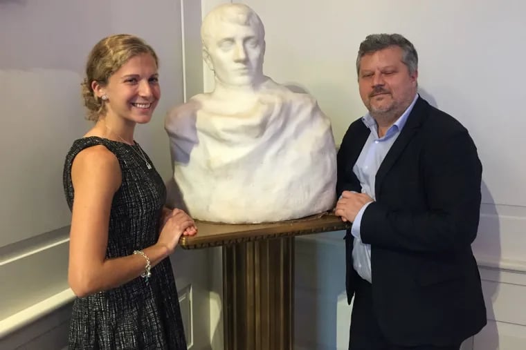 Jerome LeBlay, Rodin expert form Paris and Mallory Mortillaro, curator for the Hartley Dodge memorial. No- longer-lost bust of Napoleon, by Rodin, is in the middle. The bust will soon travel on extended loan to the Philadelphia Museum of Art.