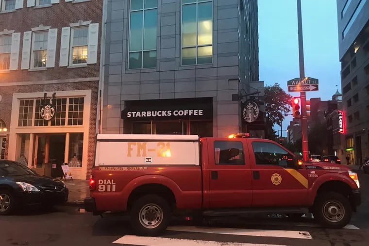The Starbucks at Eighth and Walnut Streets in Philadelphia is closed after a fire Sunday.
