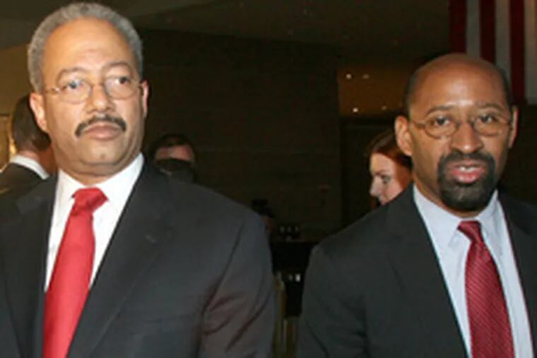 Candidates Chaka Fattah (left) and Michael Nutter after racially tinged debate dustup Monday.