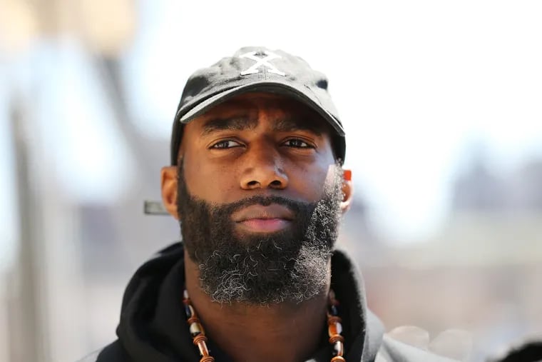 Eagles Malcolm Jenkins listens during a tour in Philadelphia, PA on April 1, 2019.  Families for Justice Reform lead a tour to illustrate the impact of the stateâ€™s enhanced sentences for drug trafficking in a school zone.