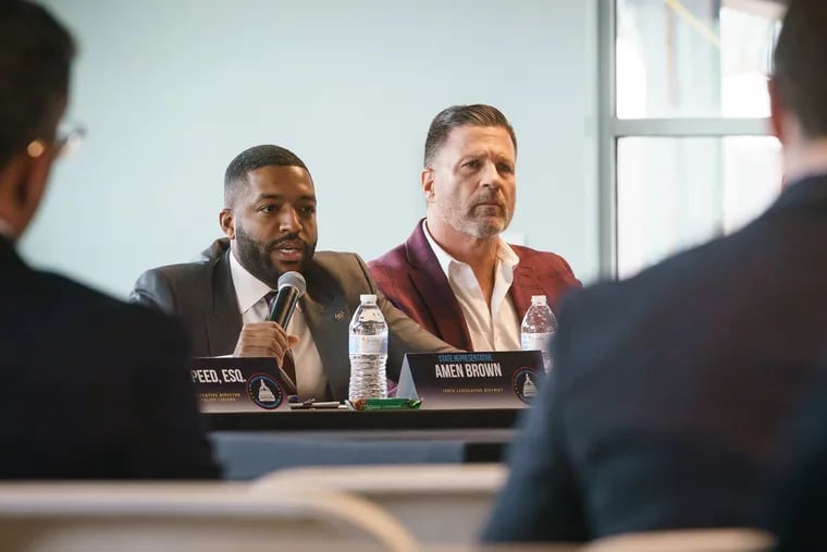 Pennsylvania State Rep. Amen Brown, left, and Pennsylvania State Senator  Mike Regan, right, at a House Democratic Policy Committee Hearing titled “Cannabis and Social Justice: The Impacts of Criminalization”,  in Philadelphia on March 1, 2022.