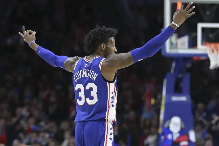 Sixers’ Robert Covington early celebration against the Hornets during the 4th quarter at the Wells Fargo Center in Philadelphia, Monday, March 19, 2018. Sixers beat the Hornets 108-94.