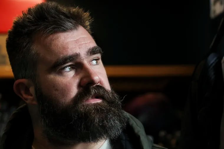 Eagles center Jason Kelce speaks to reporters while cleaning out his locker at the NovaCare Complex on Wednesday.