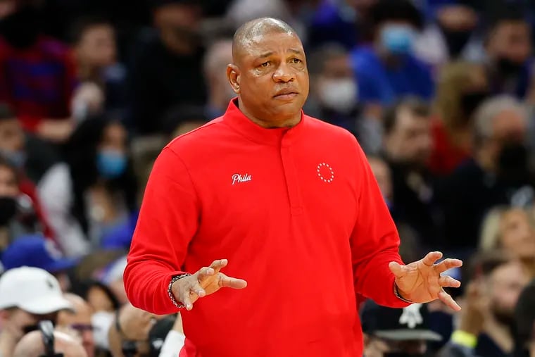 Sixers Head Coach Doc Rivers signals to his team against the Atlanta Hawks on Thursday, December 23, 2021 in Philadelphia.