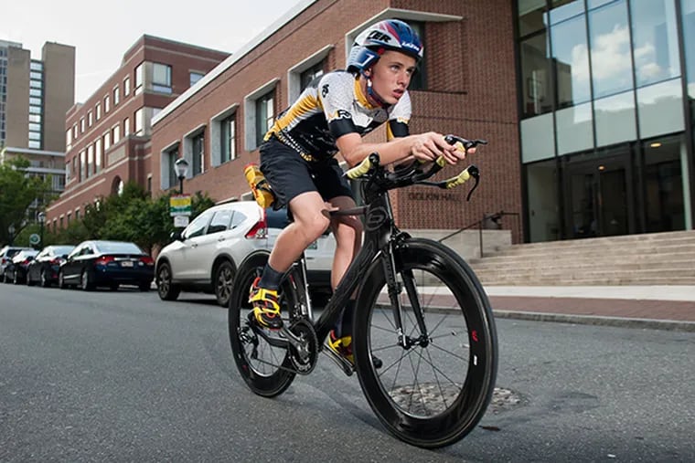 Bobby Hammond,16, from Flanders, N.J. poses for a portrait in
Philadelphia, Pa. on Friday, June 19, 2015. Hammond has been competing in triathlons since he was 12 and will be racing in the upcoming Philadelphia Triathlon. (MICHAEL PRONZATO / Staff Photographer)