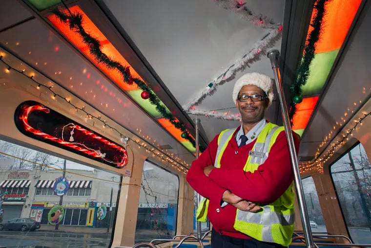 Gary Mason on his Route 10 trolley car, which he decorated himself, as he has done each year since 1993. Between the decorations and the holiday music Mason pipes in, one passenger said, “No matter how you might be, when you get off this trolley your whole disposition is so calm and serene.”