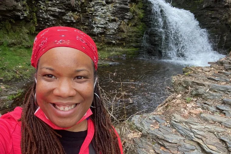 A selfie of Elizabeth Wellington enjoying the waterfalls at Bushkill Falls in Bushkill, PA