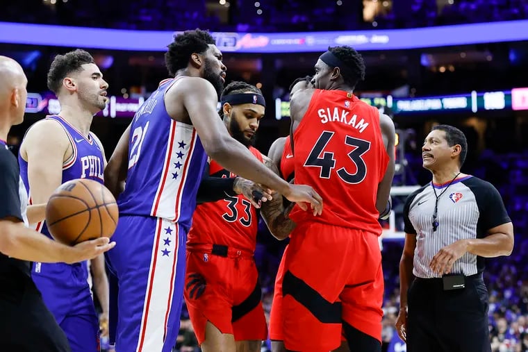 Sixers center Joel Embiid and Toronto Raptors forward Pascal Siakam have words after Siankam took offense to Embiid's fourth quarter foul during game one of the Eastern Conference quarterfinals playoffs on Saturday, April 16, 2022 in Philadelphia.