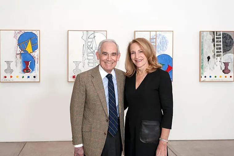 Keith L. and Katherine Sachs in the Anne d’Harnoncourt Gallery, which houses 5 Postcards by Jasper Johns. (Constance Mensh/Philadelphia Museum of Art)