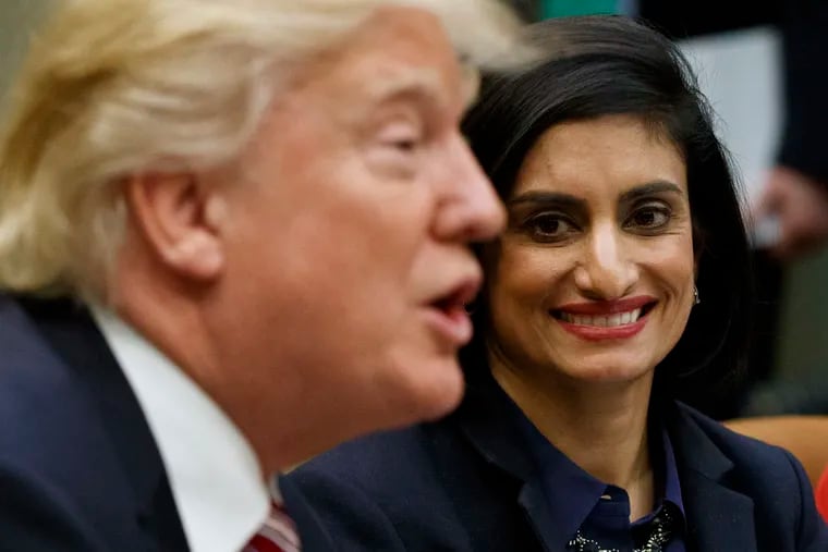 Administrator of the Centers for Medicare and Medicaid Services Seema Verma listens as President Donald Trump speaks during a meeting in the Roosevelt Room of the White House in Washington March 22, 2017. Verma unveiled a Trump administration Medicaid deal for states in January 2020: more control over health care spending on certain low-income residents if they agree to a limit on how much the feds kick in.
