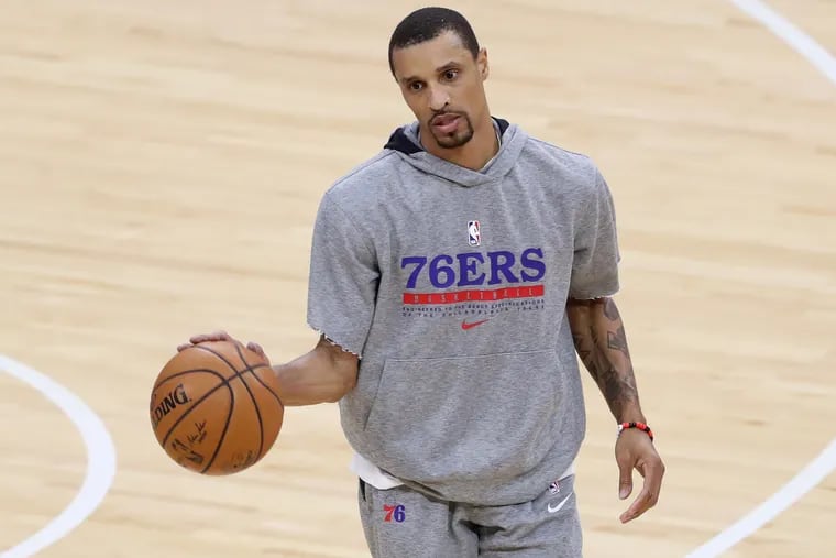George Hill on the floor prior to the Sixers' matchup against the Nets on Wednesday.