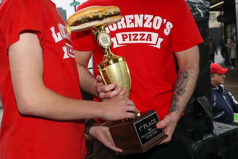 Now THAT is a trophy: Lorenzo’s, a sandwich shop at Ninth and Christian Streets, won the first-ever cheesesteak contest at the annual South 9th Street Italian Market Festival in Philadelphia on Saturday, May 20, 2023.