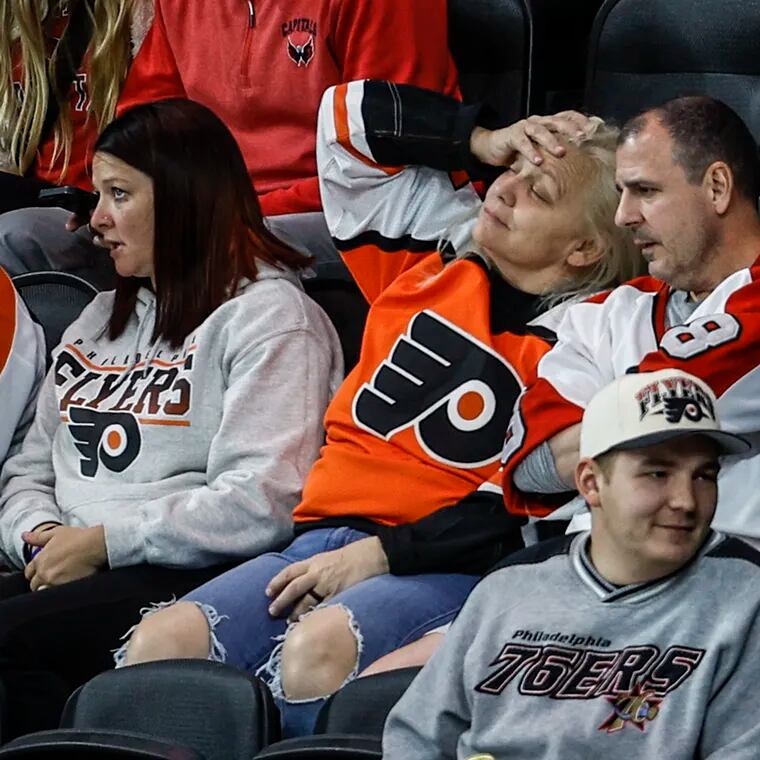 Flyers sad as their team loses to the Capitals  and their season ends at the Wells Fargo Center in Philadelphia, Tuesday, April 16, 2024. Flyers lose to the Capitals 2-1 as their season ends