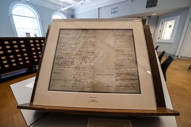 An original draft of the U.S. Constitution on display at the Historical Society of Pennsylvania in 2019.