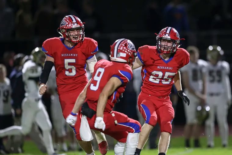 Neshaminy players celebrate during a same against Council Rock South in November. A state panel is deciding if the Redskins nickname is offensive.