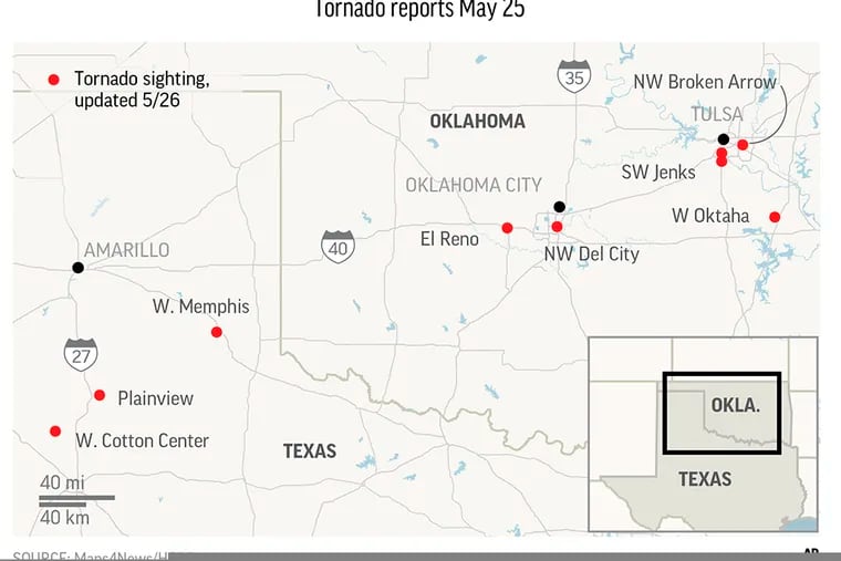 A suspected twister hit El Reno, which is just west of Oklahoma City, on Saturday night as a powerful storm system rolled through the state.;