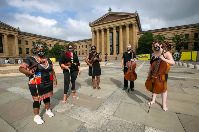 From left, Alberta Douglas, Veronica Jurkiewicz, Ashley Vines, John Koen and Christine Mello. The string players will be joined by others for two candlelight vigils in Philadelphia for Elijah McClain, the young violinist who died last August in Colorado.