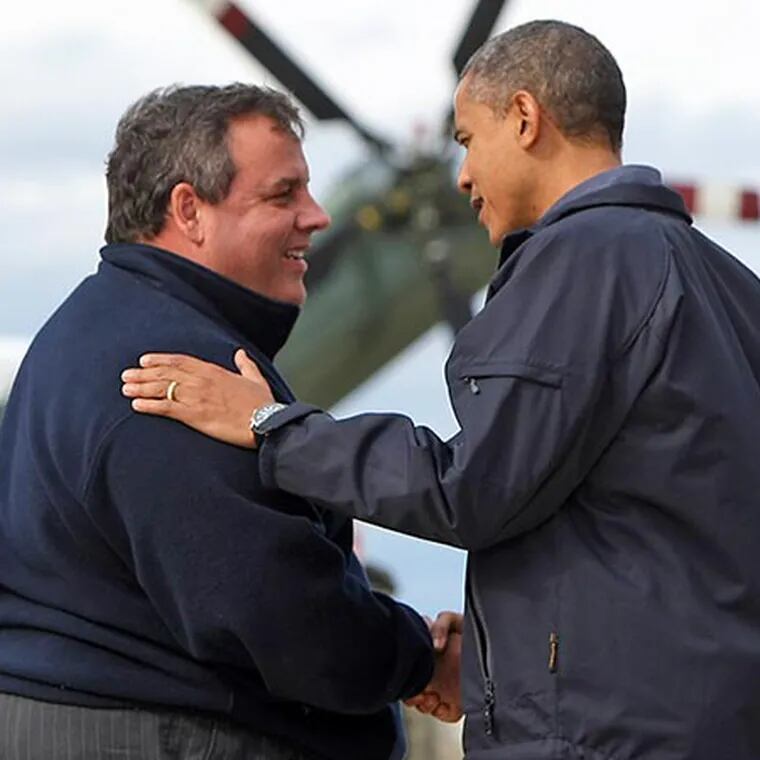 Gov. Chris Christie greets President Barack Obama before an aerial tour of Hurricane Sandy damage at Atlantic City Airport in Atlantic City, N.J., on Oct. 31, 2012. It was a moment that would be used against him in ads in his 2016 presidential bid. Christie will enter the 2024 presidential contest next week.