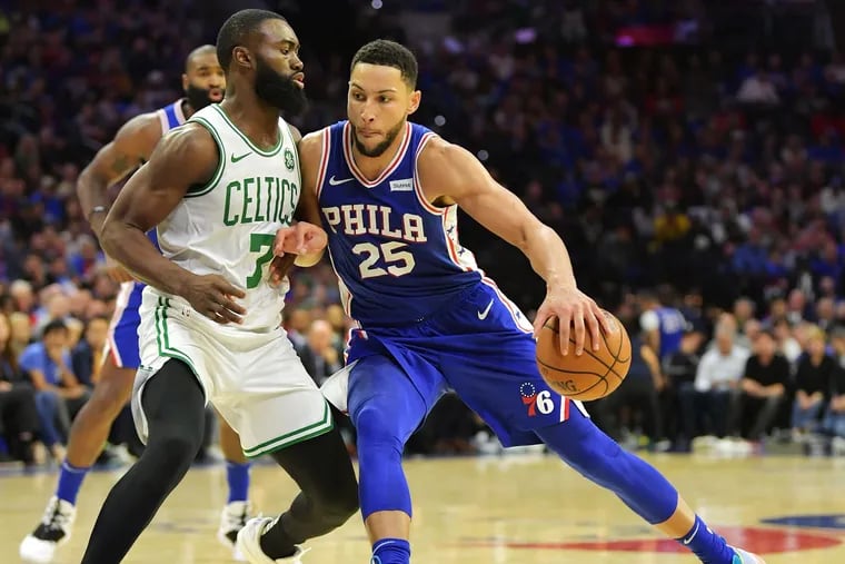 The 76ers' Ben Simmons (25) drives against the Boston Celtics' Jaylen Brown (7) en route to two of his team-high 24 points in Wednesday's victory.