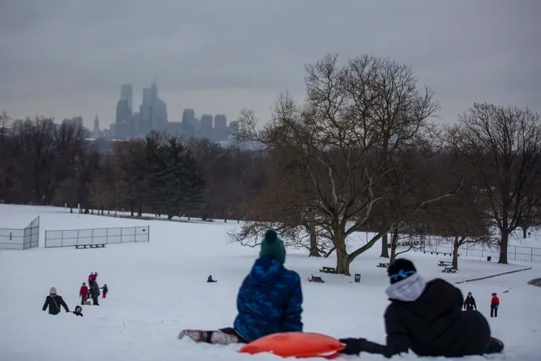 Philadelphians enjoy the snow at Fairmount Park on Feb. 18, 2021, the last time Philadelphia experienced a measureable snowfall.