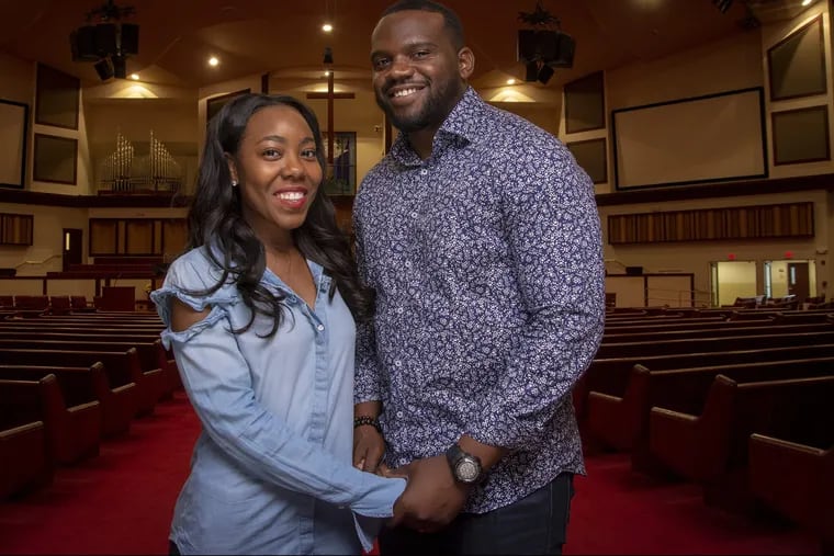 Morgan Waller and fiancee the Rev.  Corey Johnson at Enon Tabernacle Baptist Church, 2800 W. Cheltenham Ave., Philadelphia on Wednesday, July 25, 2018. The couple will get married in front of between 3,000 and 5,000 people.