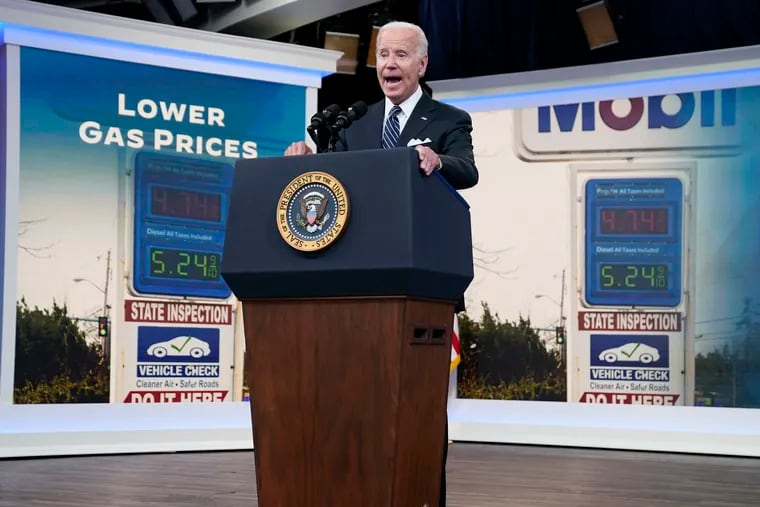 President Joe Biden speaks about gas prices in the South Court Auditorium on the White House campus Wednesday.