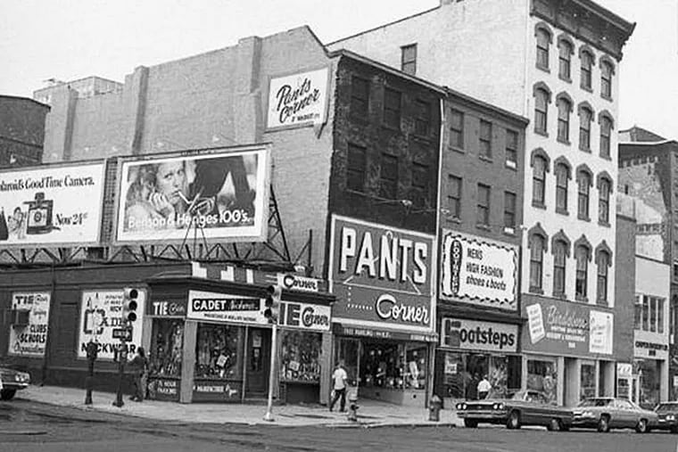 1972: View of Third and Market streets. Within a month, two Old City haberdasheries connected by blood, architectural motif, and outlandish retail style had been destroyed in spectacular fashion. (Photo courtesy of PhillyHistory.org)
