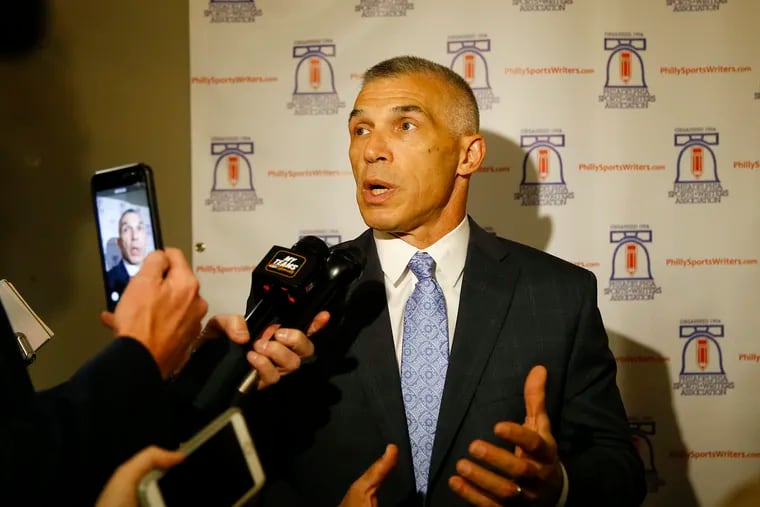 Phillies manager Joe Girardi meets with the media before the banquet in Cherry Hill.