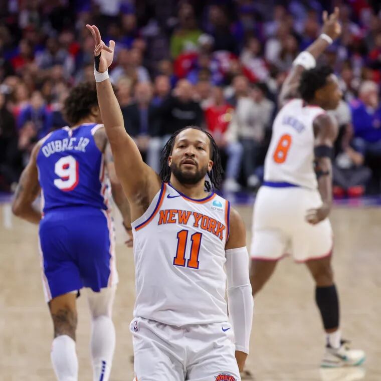 The Knicks' Jalen Brunson celebrates a three-pointer in Game 3 of the first-round playoff series against the Sixers.