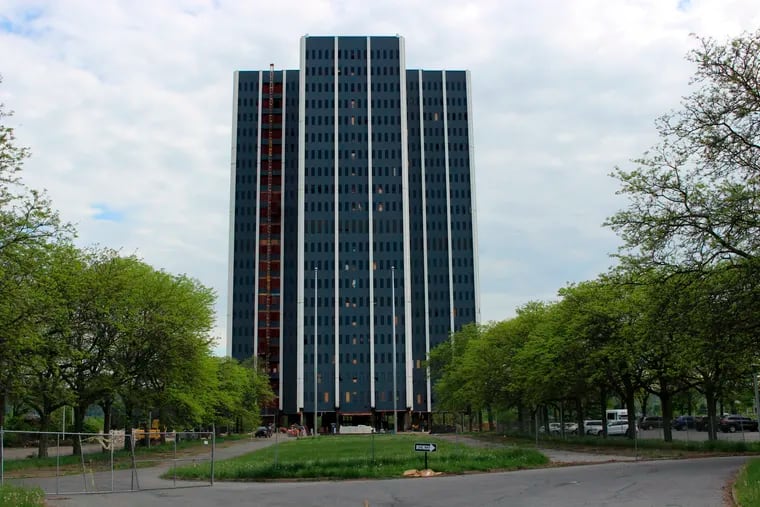 This May 8, 2019, photo shows Martin Tower in Bethlehem, Pa. The 21-story building, the former global headquarters of defunct steelmaker Bethlehem Steel Corp., is set to be imploded on May 19, 2019. (AP Photo/Michael Rubinkam)