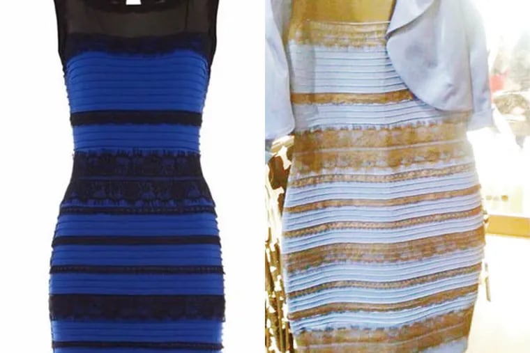 What color is this dress? Under some light it looks black and blue (left) or gold and white (right).