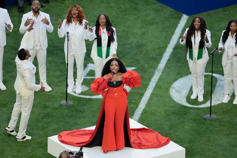Emmy Award-winning actress Sheryl Lee Ralph sings "Lift Every Voice and Sing" at the start of Super Bowl LVII featuring the Philadelphia Eagles against the Kansas City Chiefs at State Farm Stadium on Sunday, Feb. 12, 2023, in Glendale, Ariz.