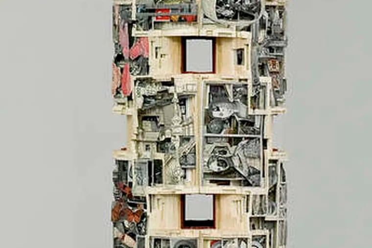 Brian Dettmer's &quot;Tower I (Brittanica)&quot; (2012), made with encyclopedias and acrylic varnish, is on display at Haverford College's Cantor Fitzgerald Gallery.