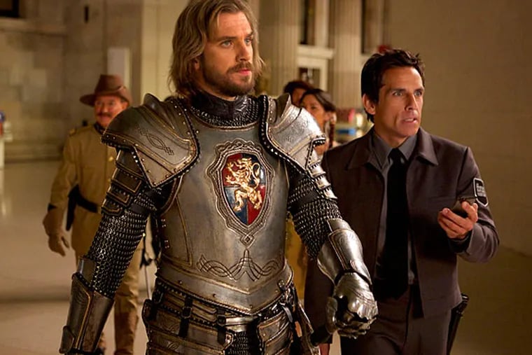 Lancelot (Dan Stevens), left, and Larry Daley (Ben Stiller) plan the next move to save the magic. (Kerry Brown/TNS)