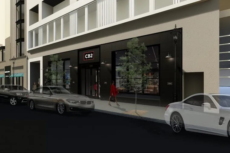 An image of the CB2 furniture store that opens at 1422-24 Walnut Street in Center City on Feb. 2.