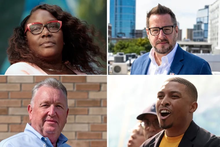 Candidates for Philadelphia City Council at-large seats (clockwise from top left) Councilmember Kendra Brooks, Drew Murray, Nicolas O'Rourke, and Jim Hasher.