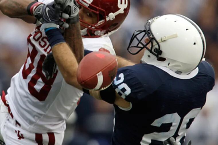Drew Astorino breaks up a pass intended for Indiana wide receiver Damarlo Belcher (88). Penn State won 31-20. (AP Photo/Carolyn Kaster)