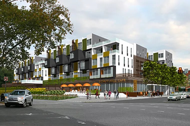 The planned Ridge Flats project on Kelly Drive in East Falls is shown in a rendering. Designed by the Philadelphia firm Onion Flats as the nation’s first net-zero-energy apartment building. (Onion Flats / Philadelphia Redevelopment Authority)
