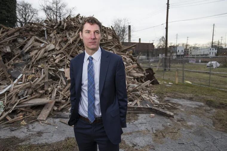 Demolition is underway at the Sonoco paper mill site, with plans to build 442 residential units and 14,200 square feet of retail space on the property, which sits on Boot Road and Route 322 in Downingtown borough.  Downingtown Mayor Josh Maxwell stands at the site on Dec. 6, 2017.