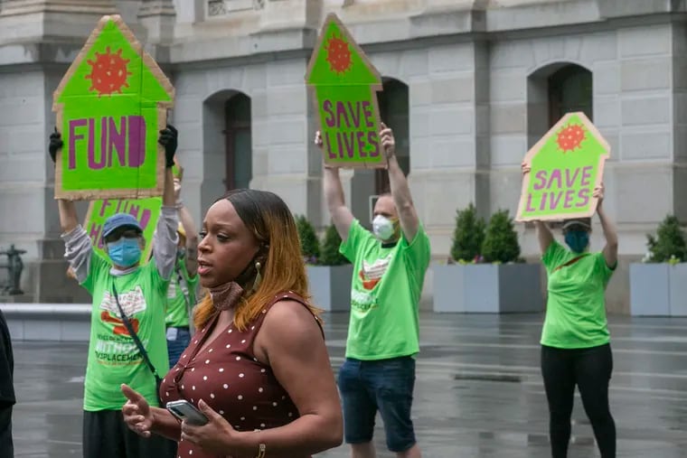Councilmember Jamie Gauthier speaks at a May 28 rally at City Hall organized by the Philadelphia Coalition for Affordable Communities to demand the restoration of housing funding in the city budget.