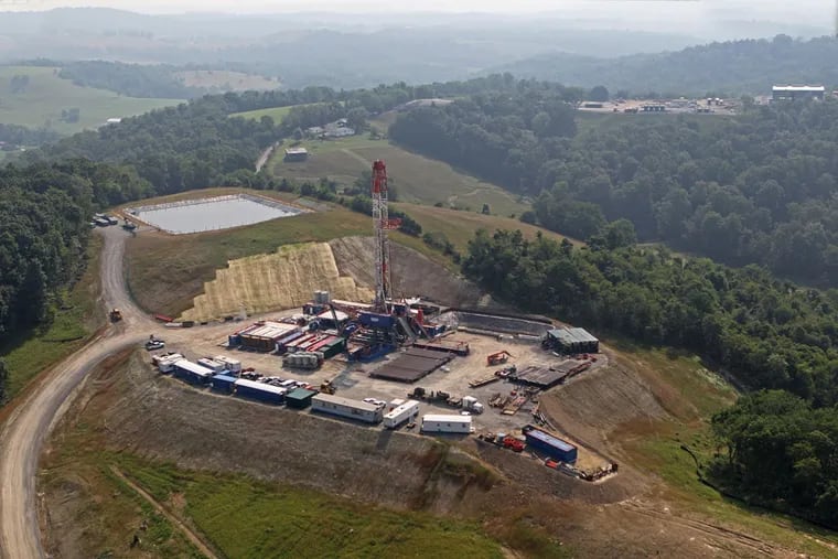 Aerial view of a Marcellus Shale well site that is operational outside Waynesburg, Pa.