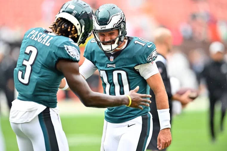 Eagles wide receiver Zach Pascal (#3) jokes with quarterback Gardner Minshew (#10) prior to the start of a preseason game against the Cleveland Browns at FirstEnergy Stadium on August 21, 2022 in Cleveland, Ohio. (Photo by Jason Miller/Getty Images)