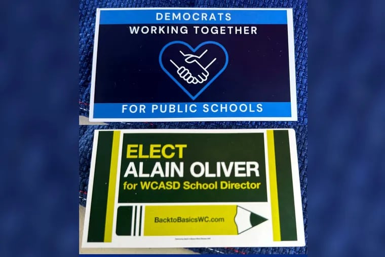Palm cards handed out at some polling places in the West Chester Area School District Tuesday featured Republican school board candidate Alain Oliver's name on the front, and messaging on the back resembling that of a parent group in the district that has endorsed Democrats.