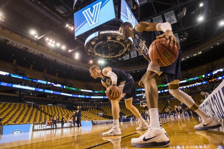 Donte DiVincenzo, left, and Mikal Bridges of Villanova during their practice session in TD Garden on March 22, 2018.  They will face West Virginia in the round of 16 in the NCAA Tournament.   CHARLES FOX / Staff Photographer