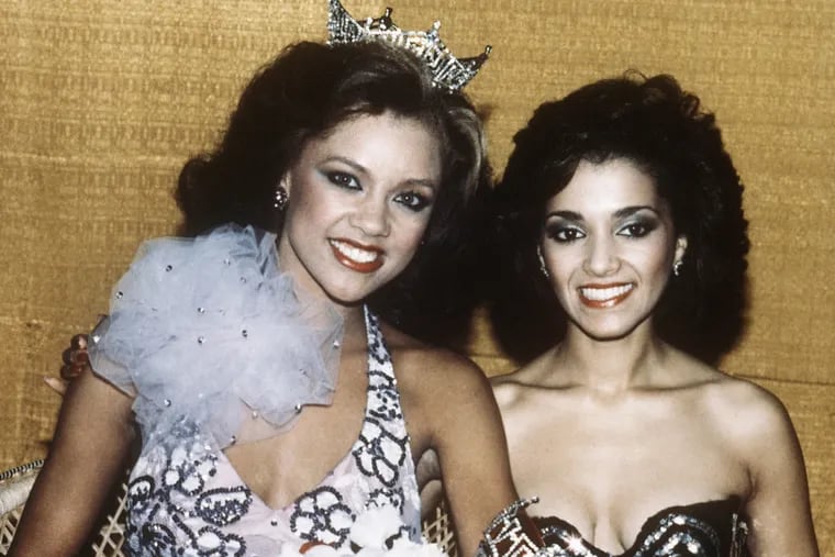 Vanessa Williams (left) is shown after being crowned Miss America 1984 in Atlantic City on Sept. 17, 1983. Suzette Charles (right) was chosen as first runner-up.
